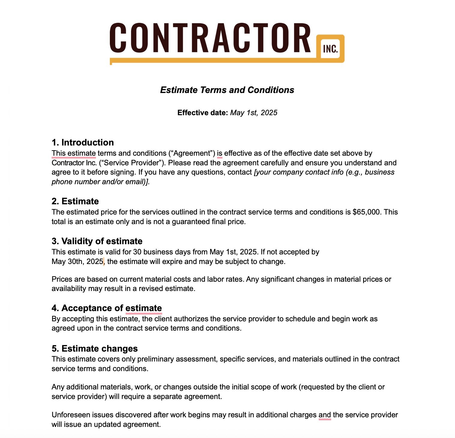 image of estimate terms and conditions example